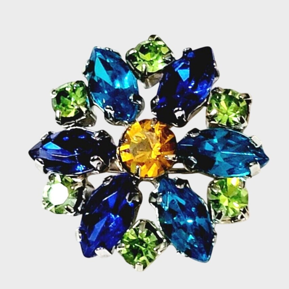 Vintage Blue Green Rhinestone Brooch Pin Flower Mid-Century Sparkly Jewelry